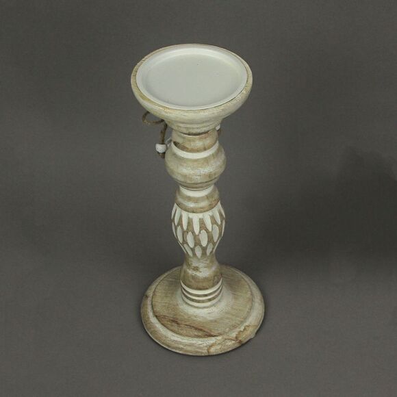 11 Inch Wood Pedestal Candle Holder Rustic White Washed Pillar With Sea Shells - Picture 4 of 4